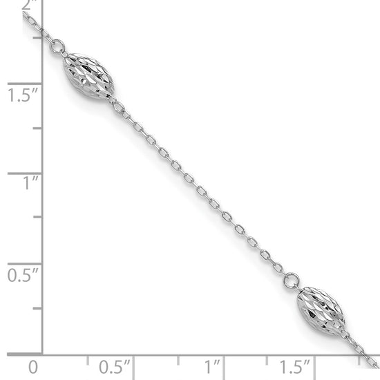 14k White Gold Diamond-cut Rice Puff Beads 4-Station 10 inch Plus 1 inch Extender - Total 11 inch Anklet