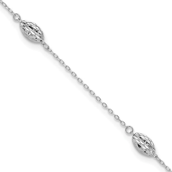 14k White Gold Diamond-cut Rice Puff Beads 4-Station 10 inch Plus 1 inch Extender - Total 11 inch Anklet