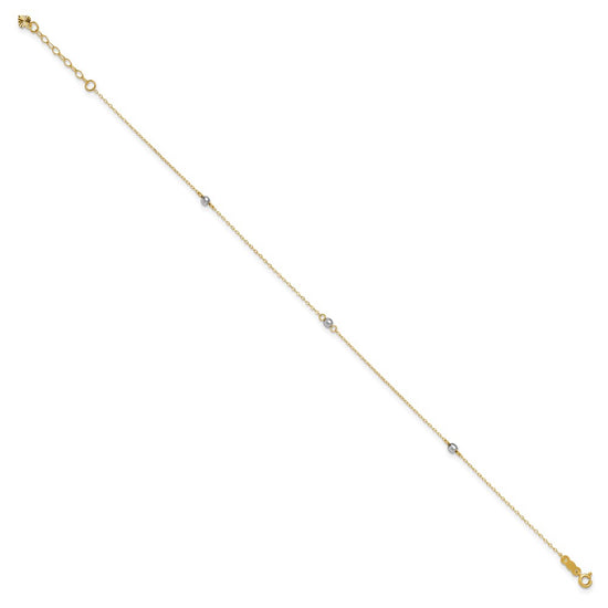 14k Two-tone Mirror Beads 3-Station 9 inch Plus 1 inch Extender - Total 10 inch Anklet