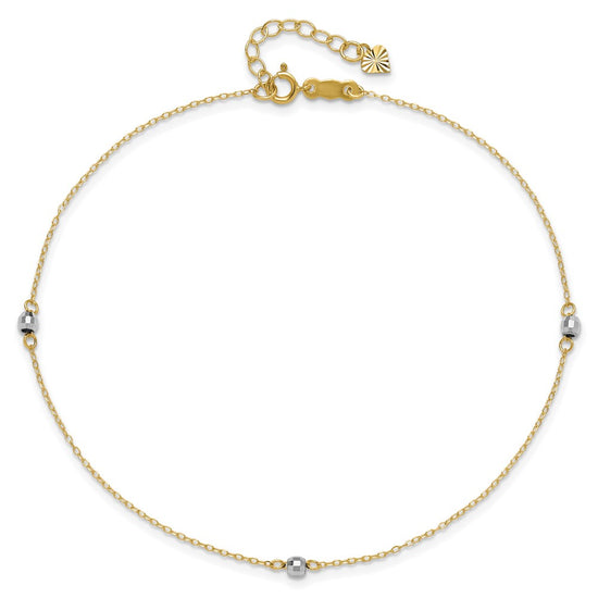 14k Two-tone Mirror Beads 3-Station 9 inch Plus 1 inch Extender - Total 10 inch Anklet