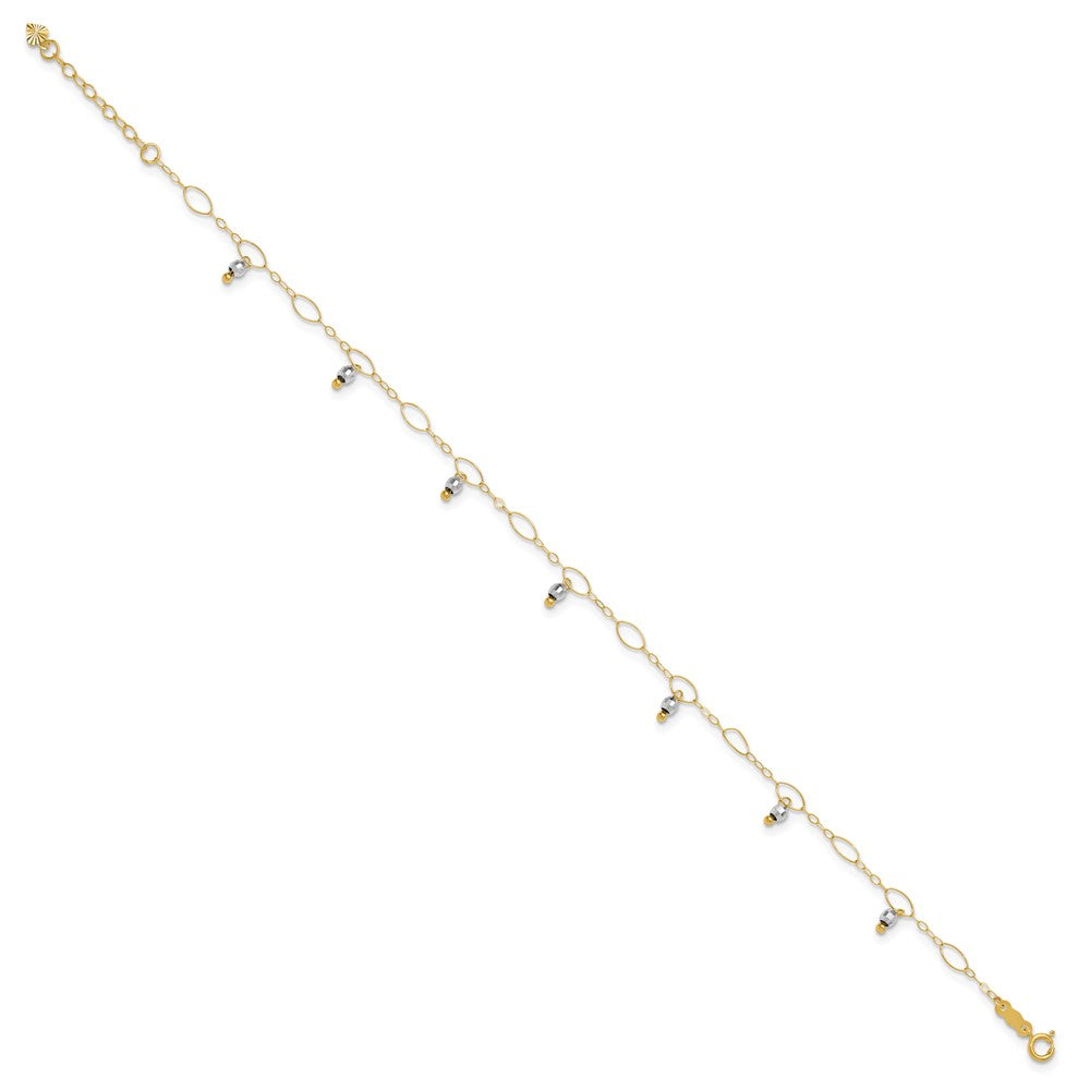14K Two-Tone Mirror Bead Dangles 9 inch Plus 1 inch Extender Total 10 inch Anklet