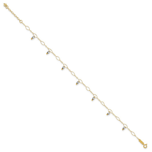 14K Two-Tone Mirror Bead Dangles 9 inch Plus 1 inch Extender Total 10 inch Anklet