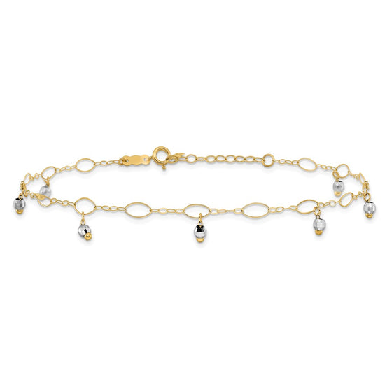 14K Two-Tone Mirror Bead Dangles 9 inch Plus 1 inch Extender Total 10 inch Anklet