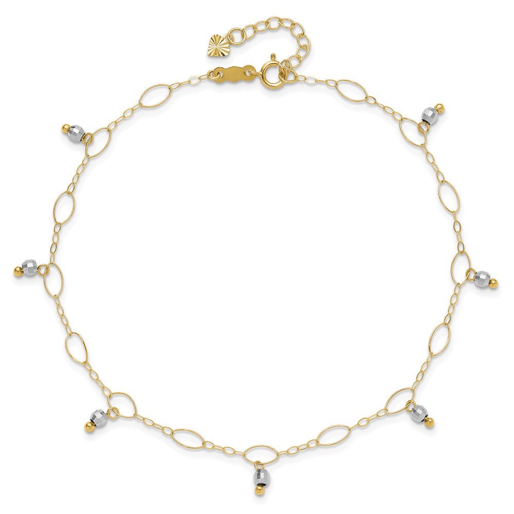 14K Two-Tone Mirror Bead Dangles 9 inch Plus 1 inch Extender Total 10 inch Anklet