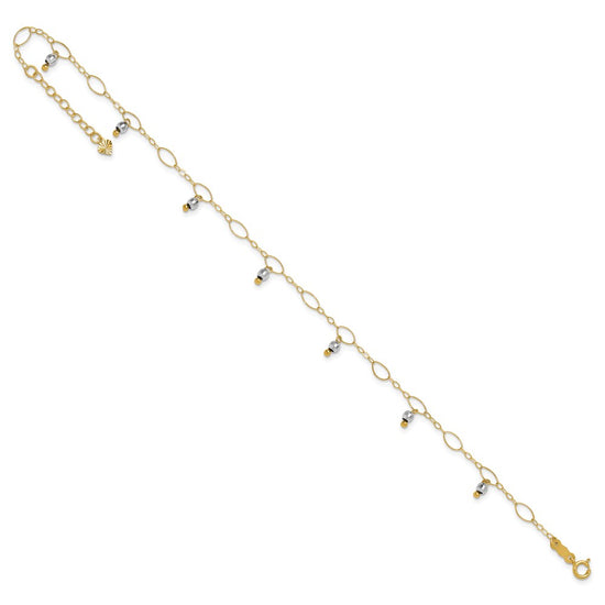 14K Two-Tone Mirror Bead Dangles 9 inch Plus 1 inch Extender Total 10 inch Anklet
