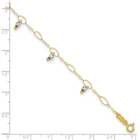 14K Two-Tone Mirror Bead Dangles 9 inch Plus 1 inch Extender Total 10 inch Anklet