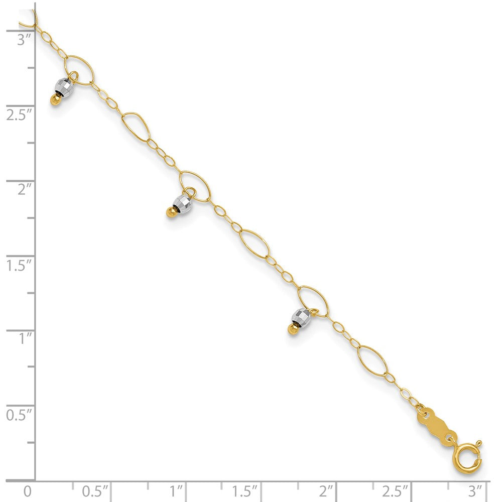 14K Two-Tone Mirror Bead Dangles 9 inch Plus 1 inch Extender Total 10 inch Anklet