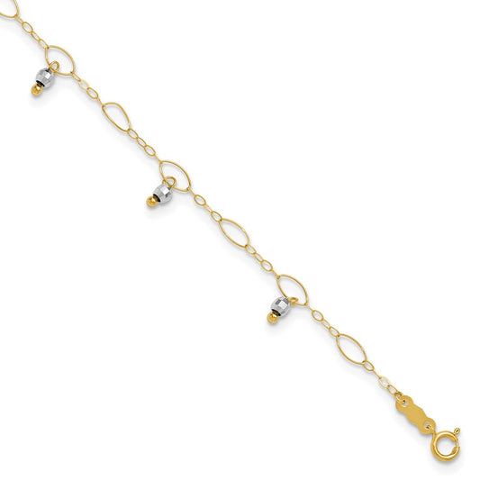 14K Two-Tone Mirror Bead Dangles 9 inch Plus 1 inch Extender Total 10 inch Anklet