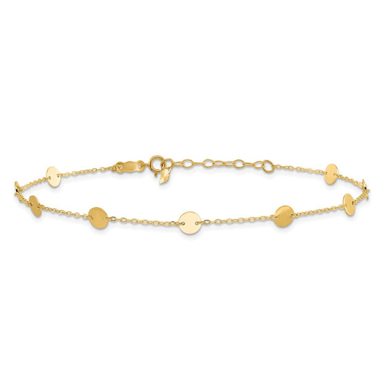 14K Polished Disc 9-Station 9 inch Plus 1 inch Extender - Total 10 inch Anklet