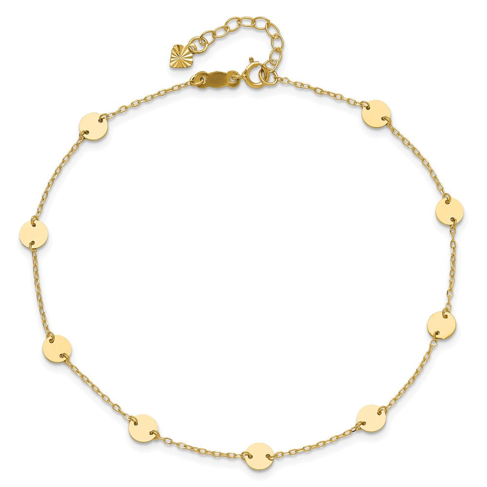 14K Polished Disc 9-Station 9 inch Plus 1 inch Extender - Total 10 inch Anklet