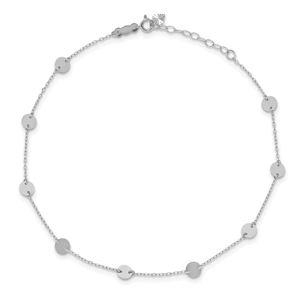 14K White Gold Polished Disc 9-Station 9 inch Plus 1 inch Extender - Total 10 inch Anklet