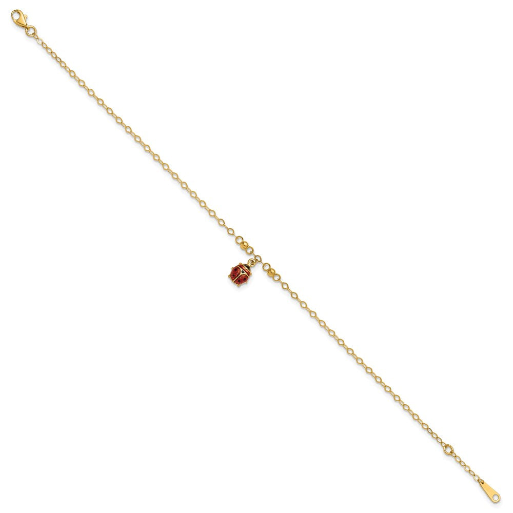 14K Red and Black Enameled Ladybug 9 inch Plus 1 inch Extender Total 10 inch Anklet
