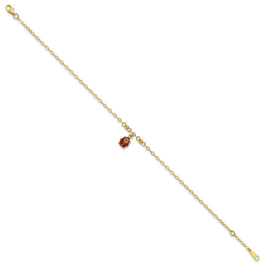 14K Red and Black Enameled Ladybug 9 inch Plus 1 inch Extender Total 10 inch Anklet