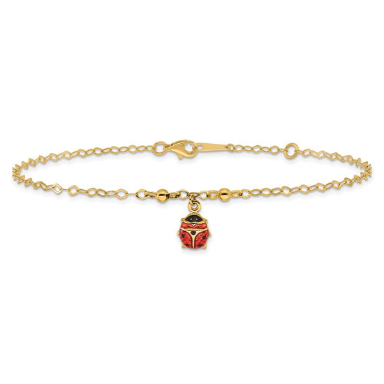 14K Red and Black Enameled Ladybug 9 inch Plus 1 inch Extender Total 10 inch Anklet