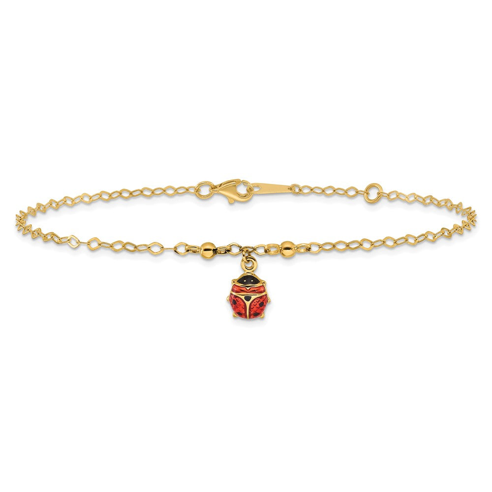 14K Red and Black Enameled Ladybug 9 inch Plus 1 inch Extender - Total 10 inch Anklet