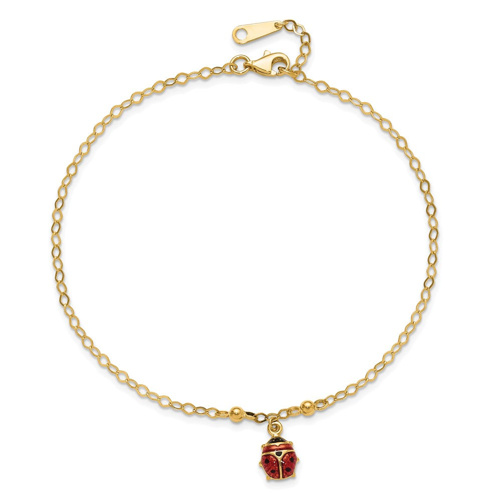 14K Red and Black Enameled Ladybug 9 inch Plus 1 inch Extender - Total 10 inch Anklet