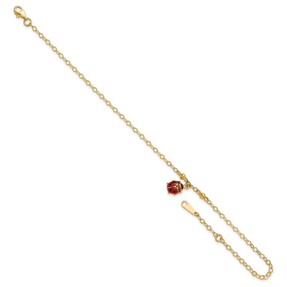 14K Red and Black Enameled Ladybug 9 inch Plus 1 inch Extender Total 10 inch Anklet