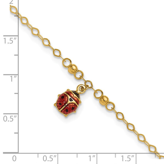 14K Red and Black Enameled Ladybug 9 inch Plus 1 inch Extender Total 10 inch Anklet