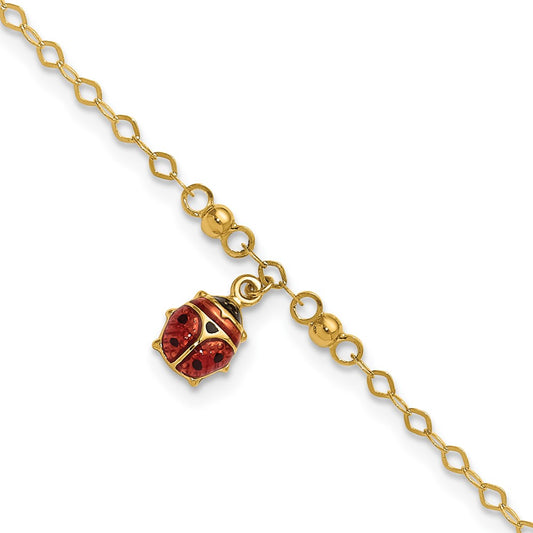 14K Red and Black Enameled Ladybug 9 inch Plus 1 inch Extender Total 10 inch Anklet