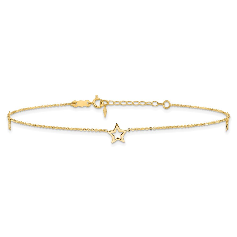 14K Open Star 3-Station 9 inch Plus 1 inch Extender - Total 10 inch Anklet