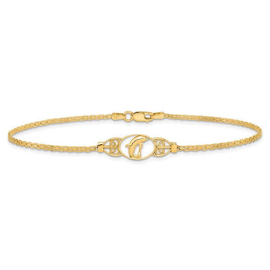 14k Polished Dolphin and Filigree Bismark Chain 10 inch Anklet