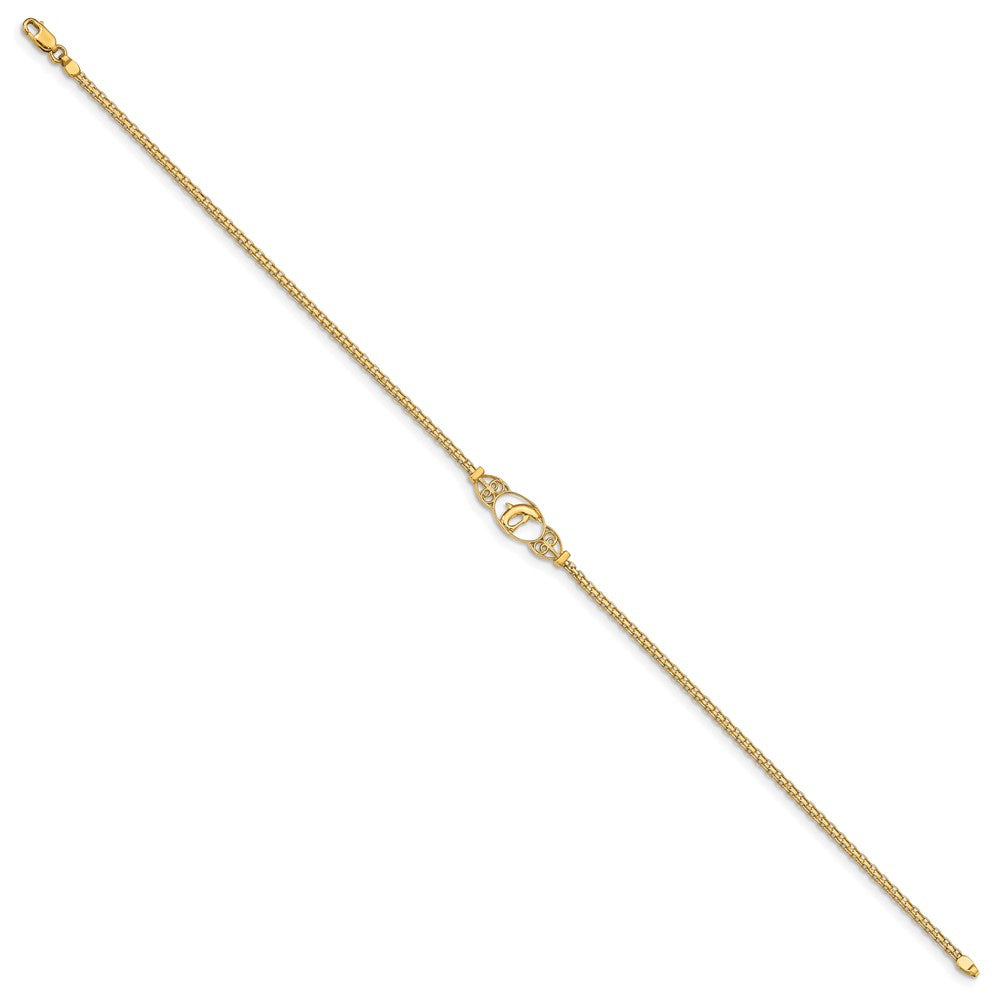 14k Polished Dolphin and Filigree Bismark Chain 10 inch Anklet