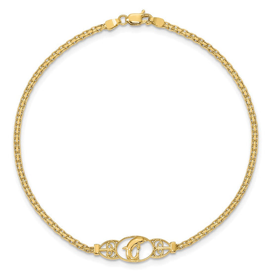 14k Polished Dolphin and Filigree Bismark Chain 9 inch Anklet