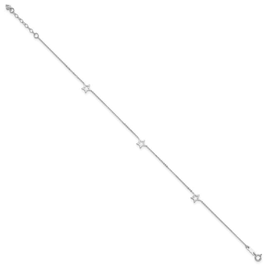14K White Gold Open Star 3-Station 9 inch Plus 1 inch Extender - Total 10 inch Anklet