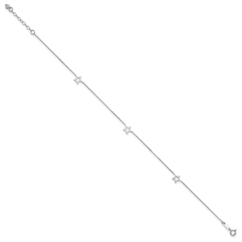 14K White Gold Open Star 3-Station 9 inch Plus 1 inch Extender - Total 10 inch Anklet