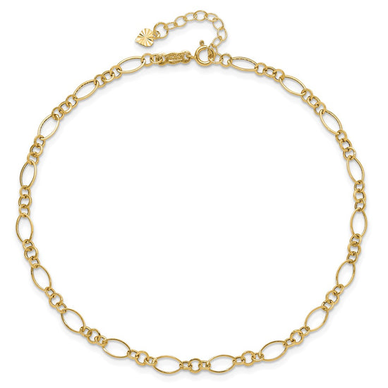 14k Fancy Figaro Link 9 inch Plus 1 inch Extender - Total 10 inch Anklet