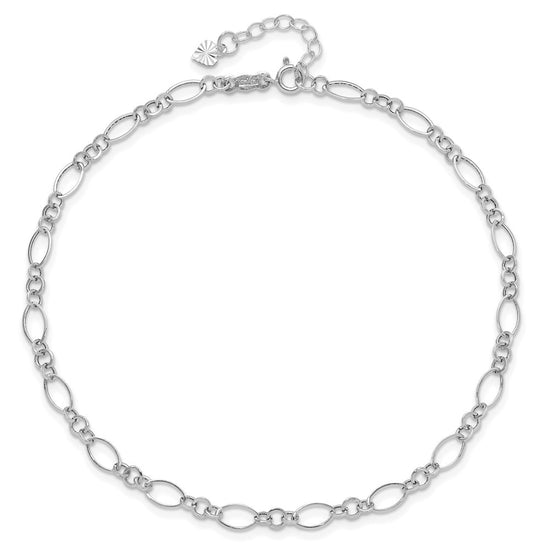 14k White Gold Fancy Figaro Link 9 inch Plus 1 inch Extender - Total 10 inch Anklet