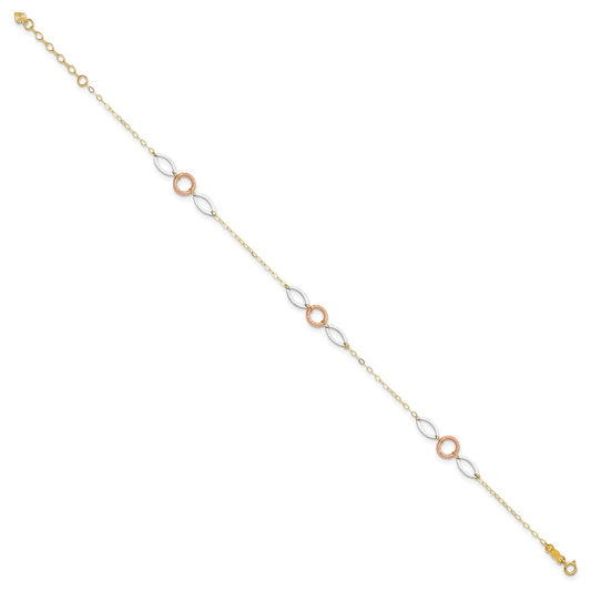 14k Tri-color Circle and Oval 3-Station 9 inch Plus 1 inch Extender Total 10 inch Anklet
