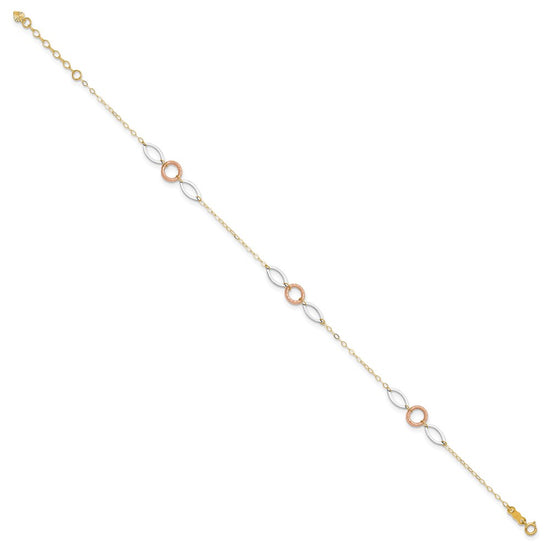 14k Tri-color Circle and Oval 3-Station 9 inch Plus 1 inch Extender - Total 10 inch Anklet