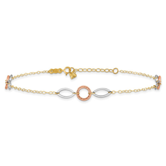 14k Tri-color Circle and Oval 3-Station 9 inch Plus 1 inch Extender Total 10 inch Anklet