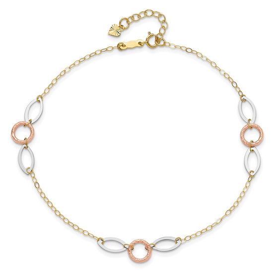 14k Tri-color Circle and Oval 3-Station 9 inch Plus 1 inch Extender Total 10 inch Anklet