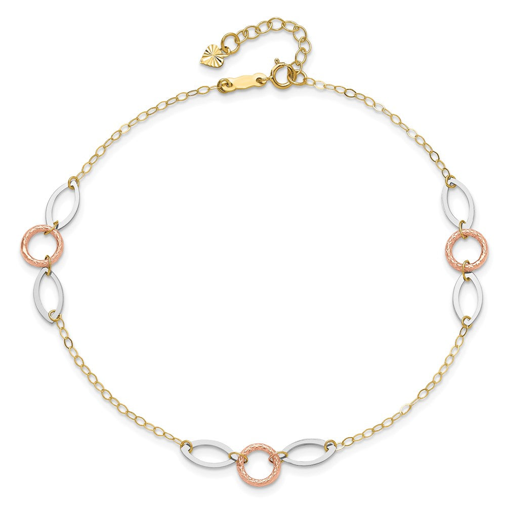 14k Tri-color Circle and Oval 3-Station 9 inch Plus 1 inch Extender Total 10 inch Anklet