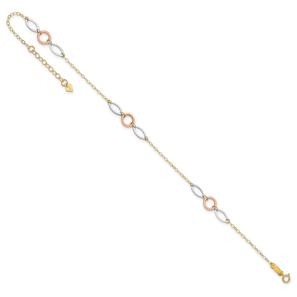 14k Tri-color Circle and Oval 3-Station 9 inch Plus 1 inch Extender Total 10 inch Anklet