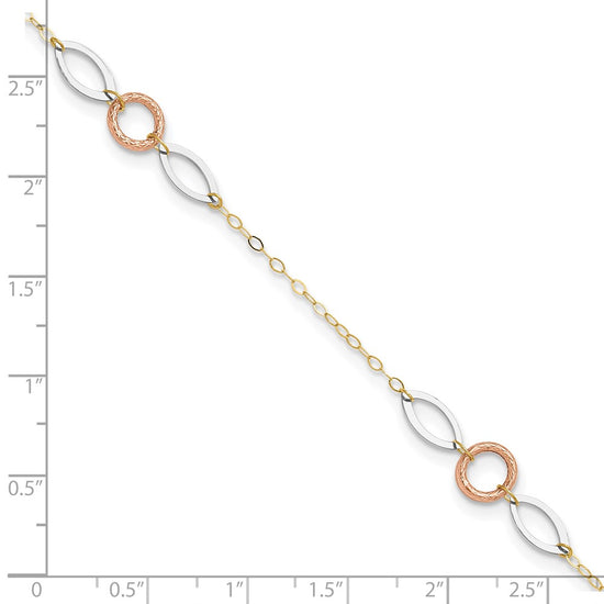 14k Tri-color Circle and Oval 3-Station 9 inch Plus 1 inch Extender Total 10 inch Anklet