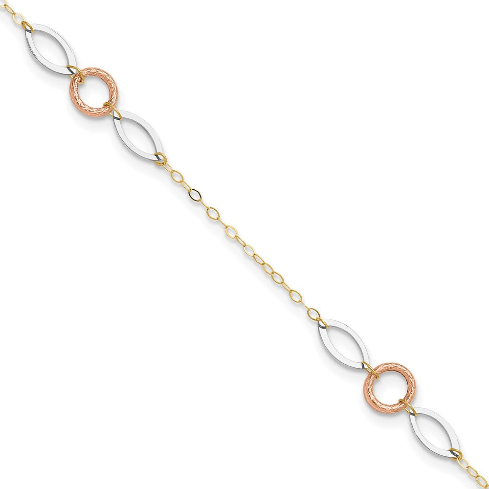 14k Tri-color Circle and Oval 3-Station 9 inch Plus 1 inch Extender Total 10 inch Anklet