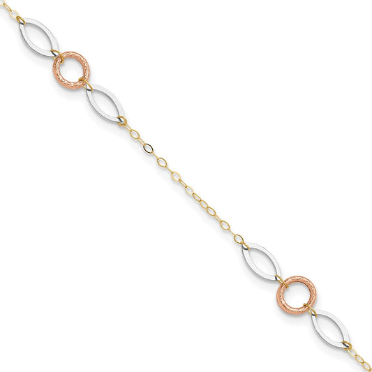 14k Tri-color Circle and Oval 3-Station 9 inch Plus 1 inch Extender Total 10 inch Anklet