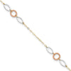 14k Tri-color Circle and Oval 3-Station 9 inch Plus 1 inch Extender - Total 10 inch Anklet