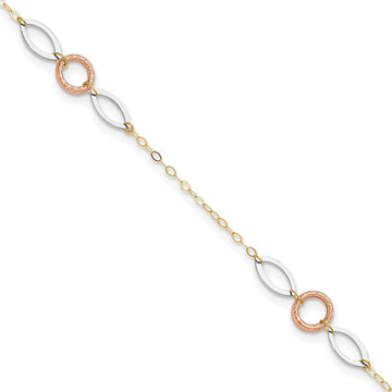 14k Tri-color Circle and Oval 3-Station 9 inch Plus 1 inch Extender - Total 10 inch Anklet