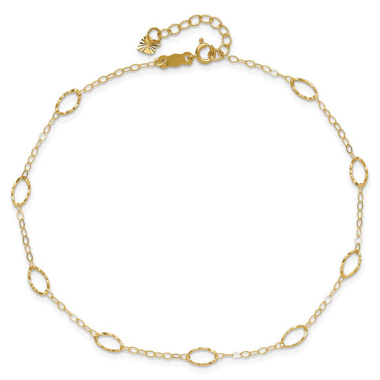14k Textured Oval Shapes 9 inch Plus 1 inch Extender Total 10 inch Anklet