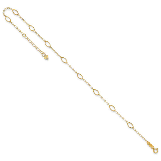 14k Textured Oval Shapes 9 inch Plus 1 inch Extender Total 10 inch Anklet
