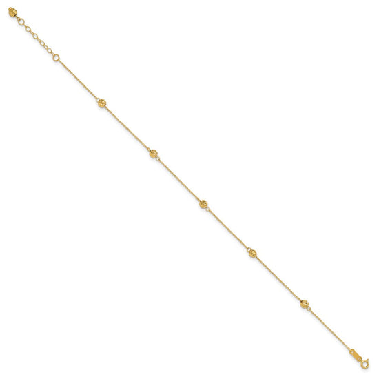 14k Diamond-cut Beads 5-Station 9 inch Plus 1 inch Bead Dangle Extender - Total 10 inch Anklet