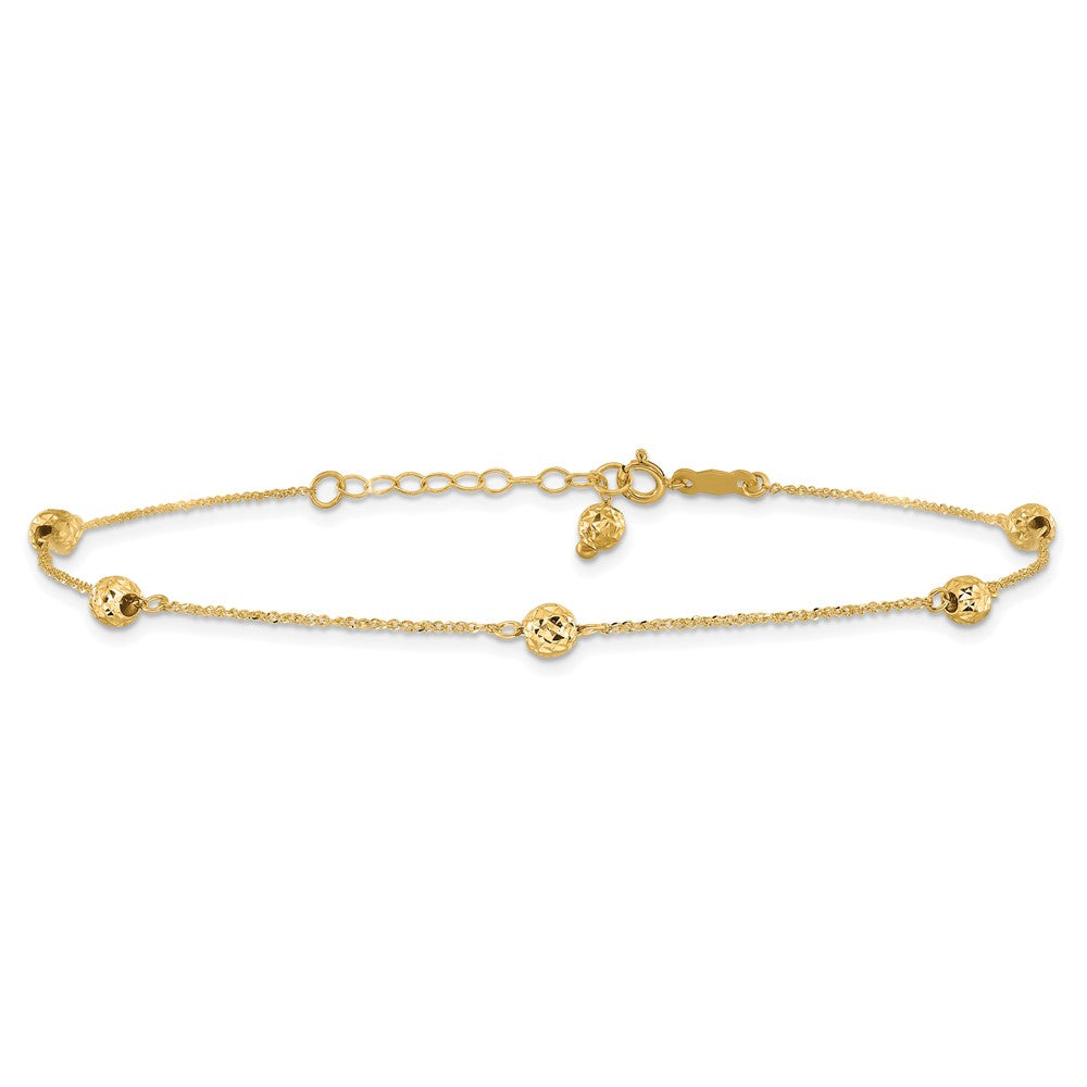 14k Diamond-cut Beads 5-Station 9 inch Plus 1 inch Bead Dangle Extender Total 10 inch Anklet