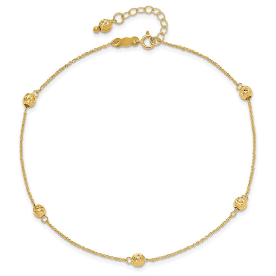 14k Diamond-cut Beads 5-Station 9 inch Plus 1 inch Bead Dangle Extender Total 10 inch Anklet