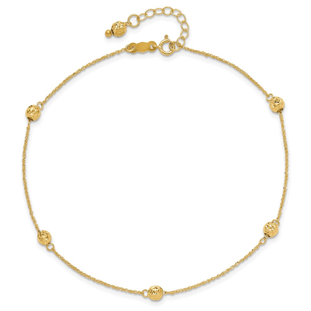 14k Diamond-cut Beads 5-Station 9 inch Plus 1 inch Bead Dangle Extender Total 10 inch Anklet