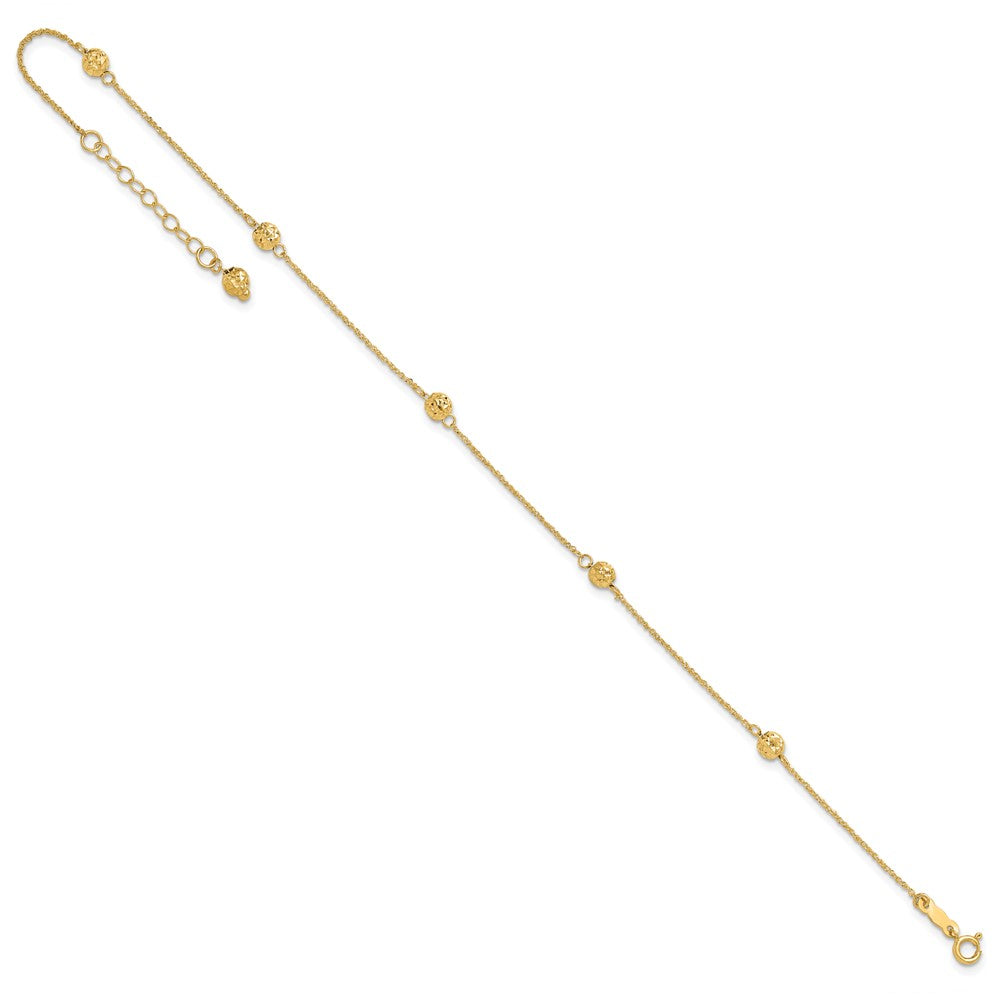 14k Diamond-cut Beads 5-Station 9 inch Plus 1 inch Bead Dangle Extender Total 10 inch Anklet
