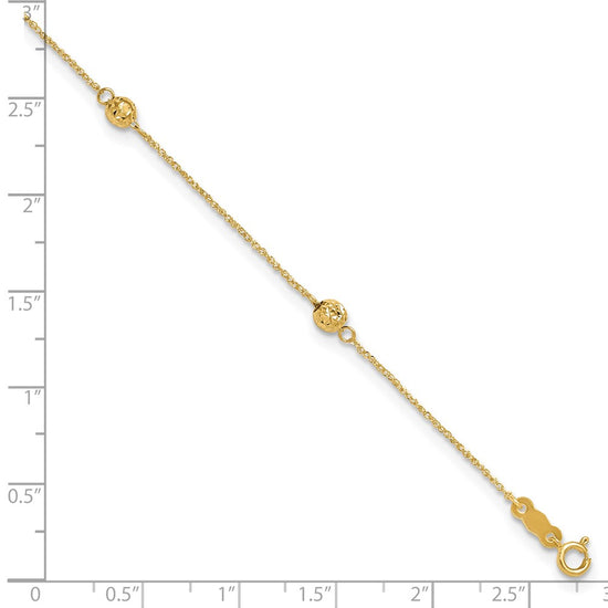 14k Diamond-cut Beads 5-Station 9 inch Plus 1 inch Bead Dangle Extender Total 10 inch Anklet
